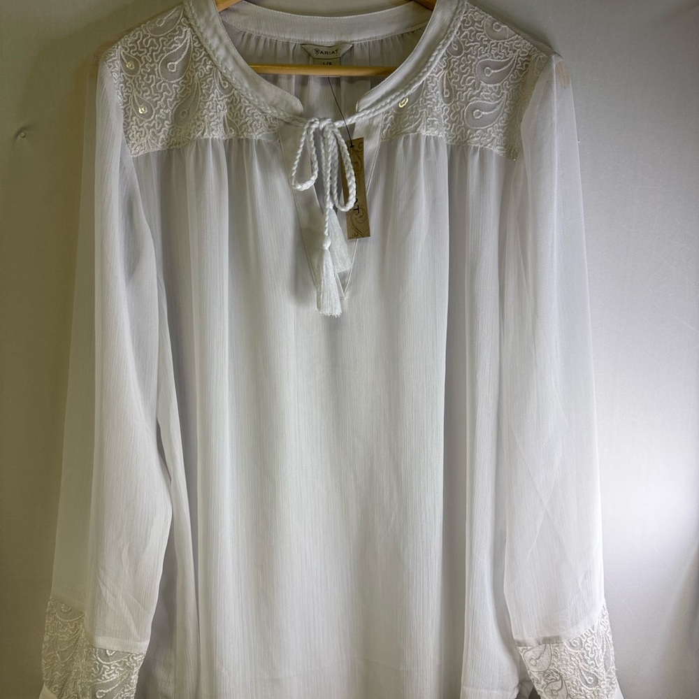 Ariat Peasant style White‎ Sheer embroidered Blouse NWT